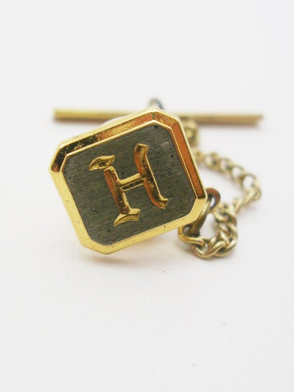 Initial H Tie Tack Pin with Chain old English Letter vintage Necktie Holder